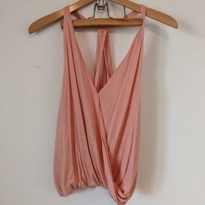 Peach Surplice Knit Tank Top with Gathered Waist